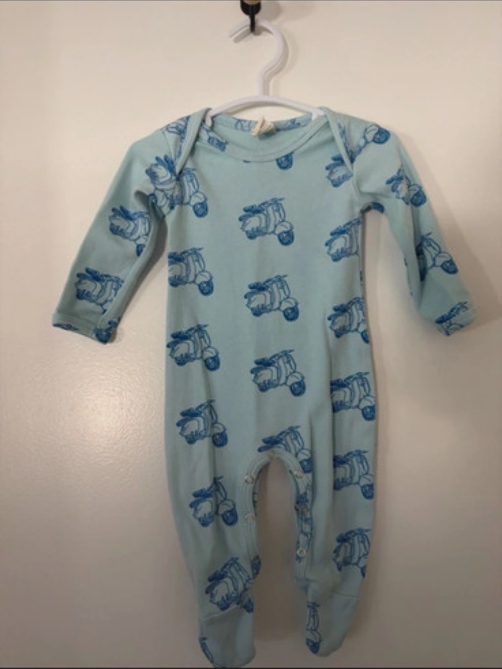 kate quinn Light Blue Footed One-Piece Pajamas with Blue Scooter Print
